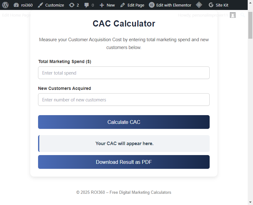 CAC CALCULATOR:Customer Acquisition Cost calculator interface