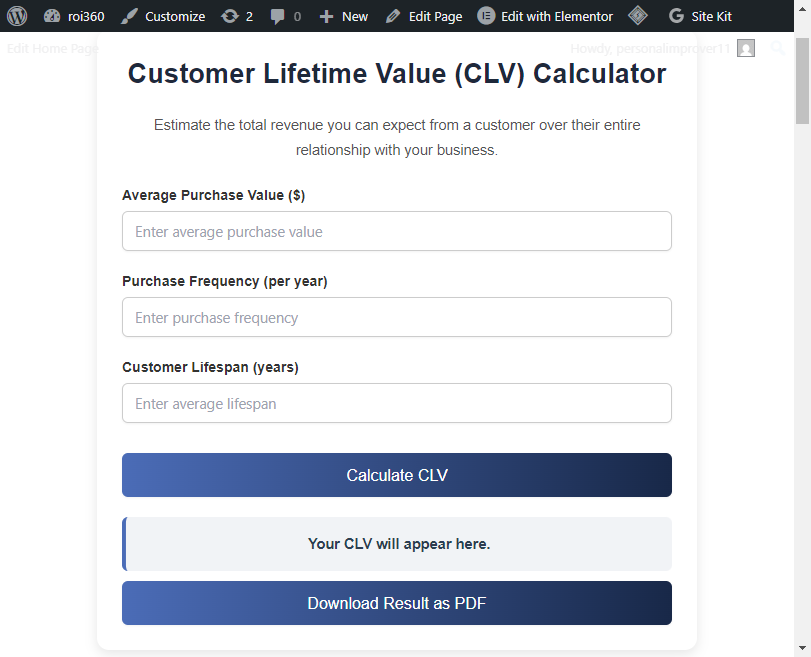 CLV CALCULATOR: Customer Lifetime Value calculator interface