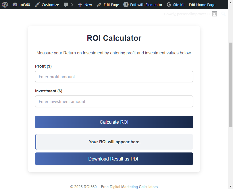 ROI Calculator interface
