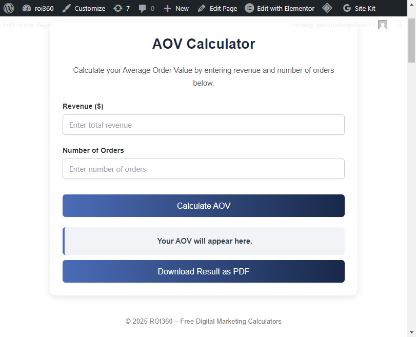 AOV CALCULATOR:Average Order Value calculator interface