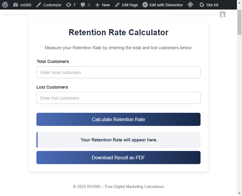 Retention Rate Calculator interface